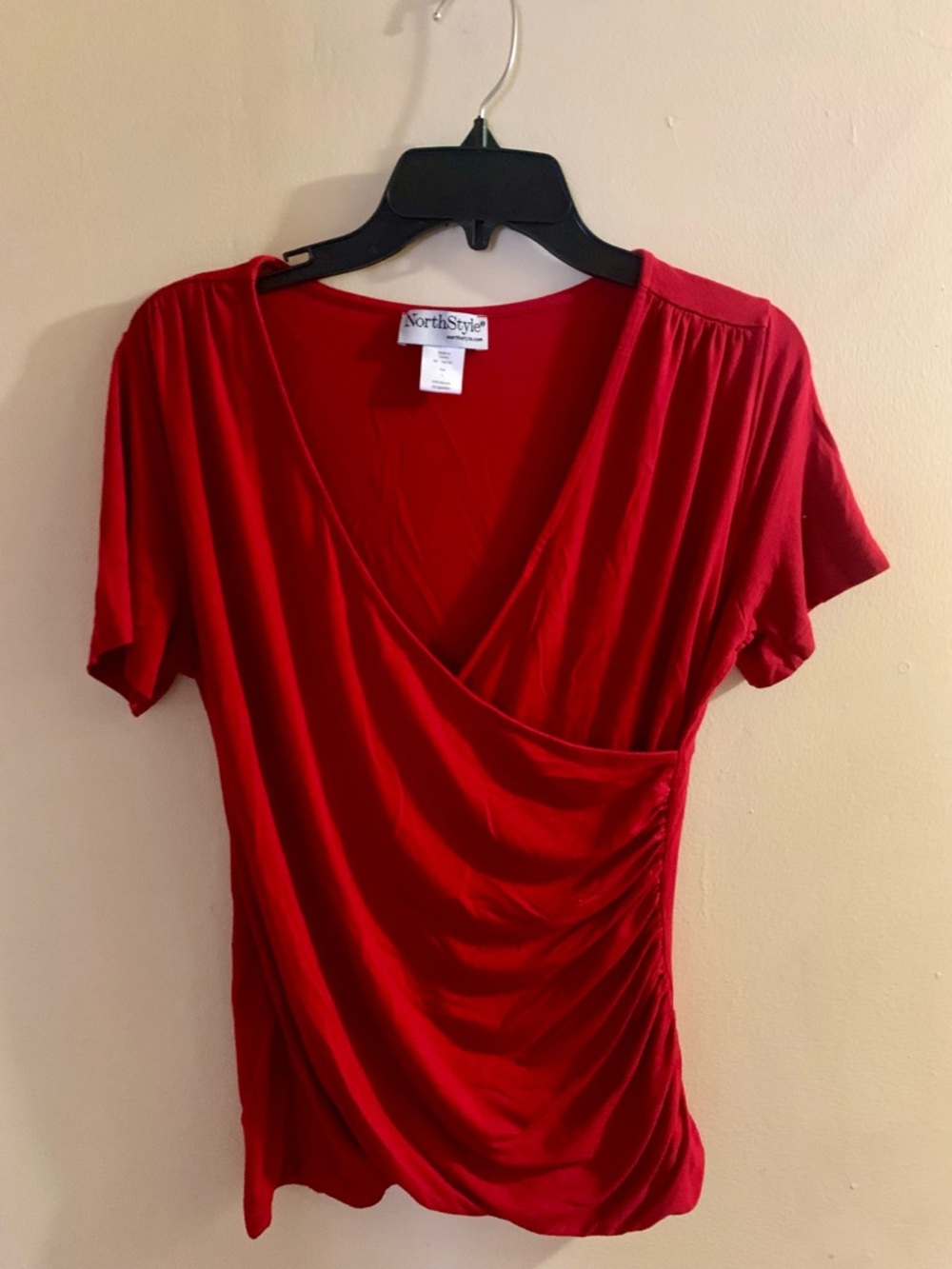 NorthStyle Red Short Sleeve Faux-Wrap Top with Side Ruching